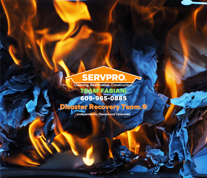 paper and debris on fire with SERVPRO logo and fleet truck image