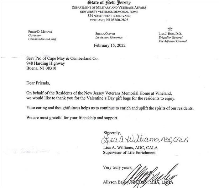 Letter from New Jersey Veterans Memorial Home